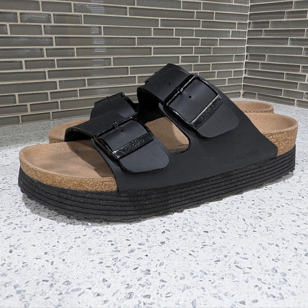 Papillio Birkenstock Platform Arizona Black Vegan Two Strap Sandal Size 39 8 8.5 - Picture 3 of 10